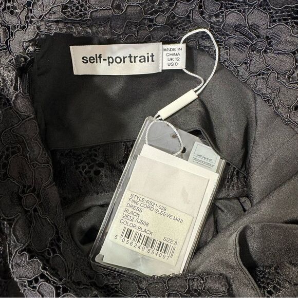 NEW Self-Portrait Fine Cord Short Sleeve Mini Dress Black Lace Size 8 - Picture 11 of 14